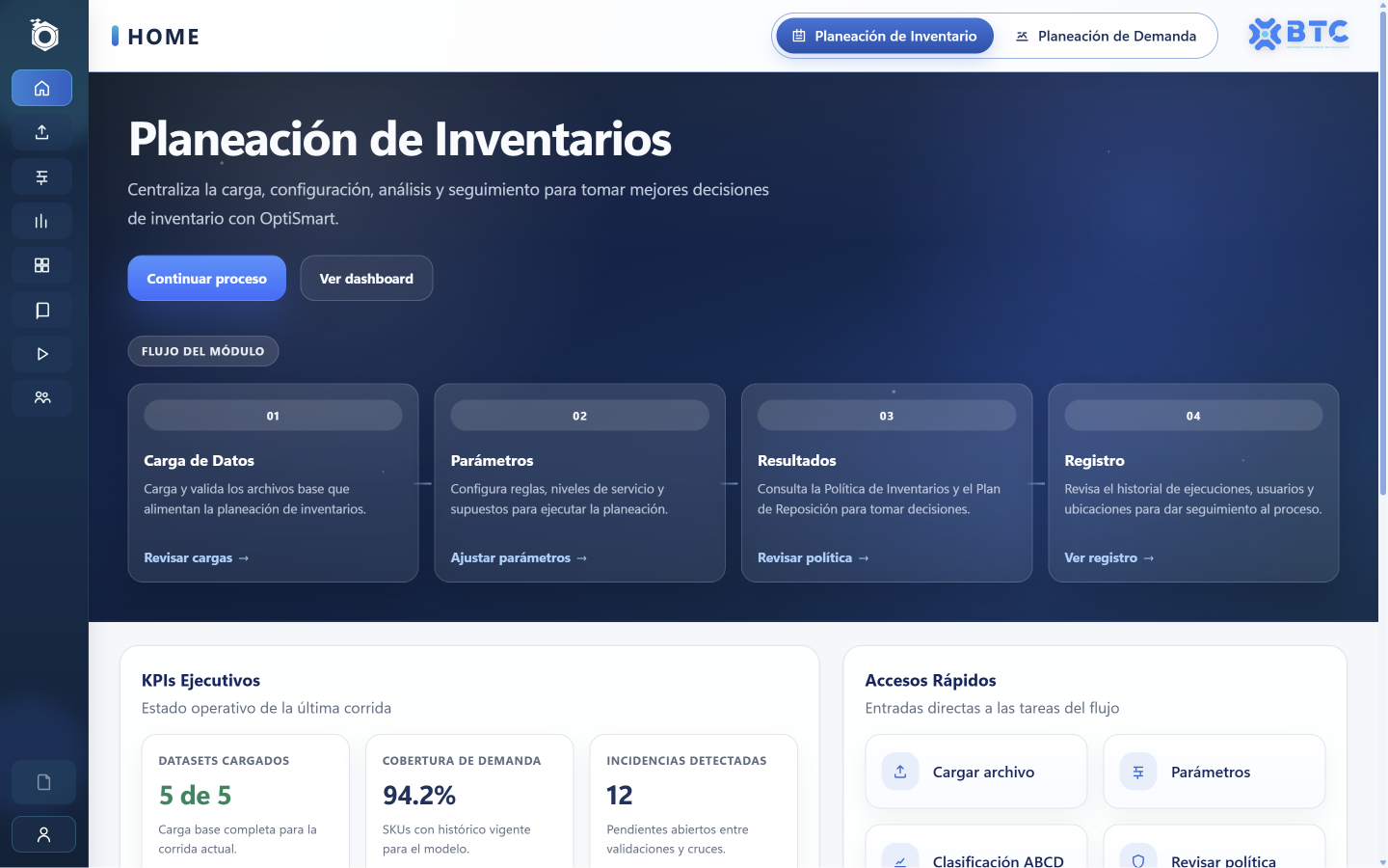 Pantalla principal de inventarios de OptiSmart